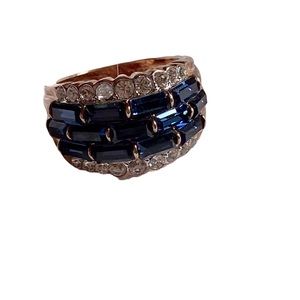 BEAUTIFUL RSC Gold Tone Blue Baguette & Clear Round Stones Cocktail Dinner Ring